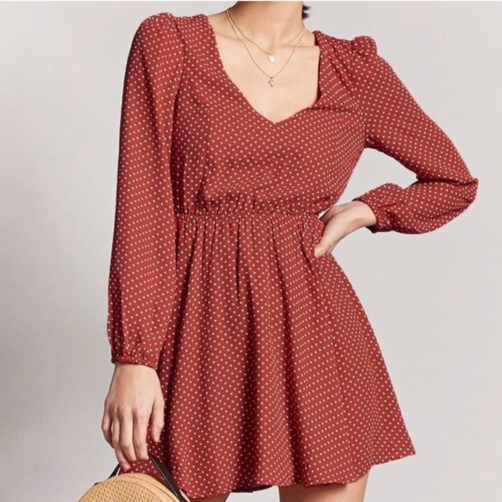 Forever 21 Rust Cream Polka Dot Dress M